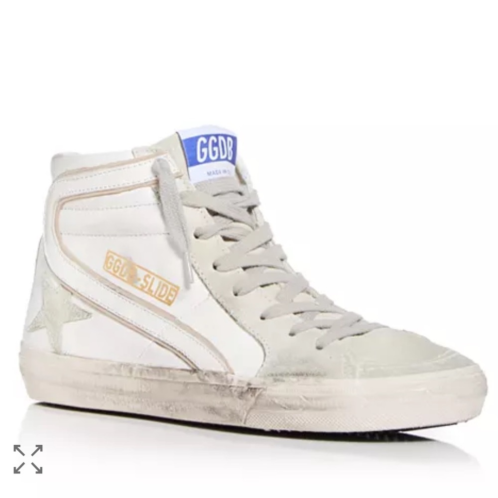 Golden Goose Slide High-Top Sneakers in White and Gray with Gold Logo - Picture 2 of 12